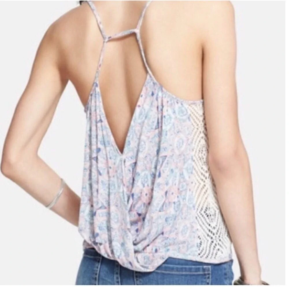 Free People Boho Floral Crochet Lace Tank Top Wrap Front Spaghetti Strap Cami XS
